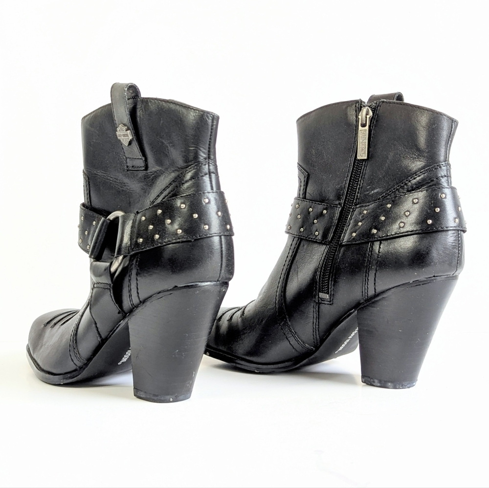 Rare Harley Davidson Black Leather Square Toe Riding Heeled Ankle Boots sz 8½ - Picture 3 of 10